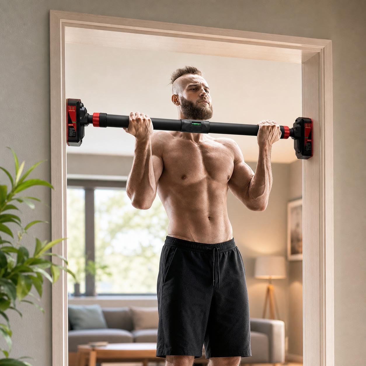 Home Gym Routine - ドア枠に取り付け可能な懸垂バー。安全ロック付きで、自宅での上半身トレーニングやフィットネスに最適な多機能エクササイズ器具。4つの機能を1つにまとめ、ドア枠を保護しながら、究極のトレーニングを実現します。