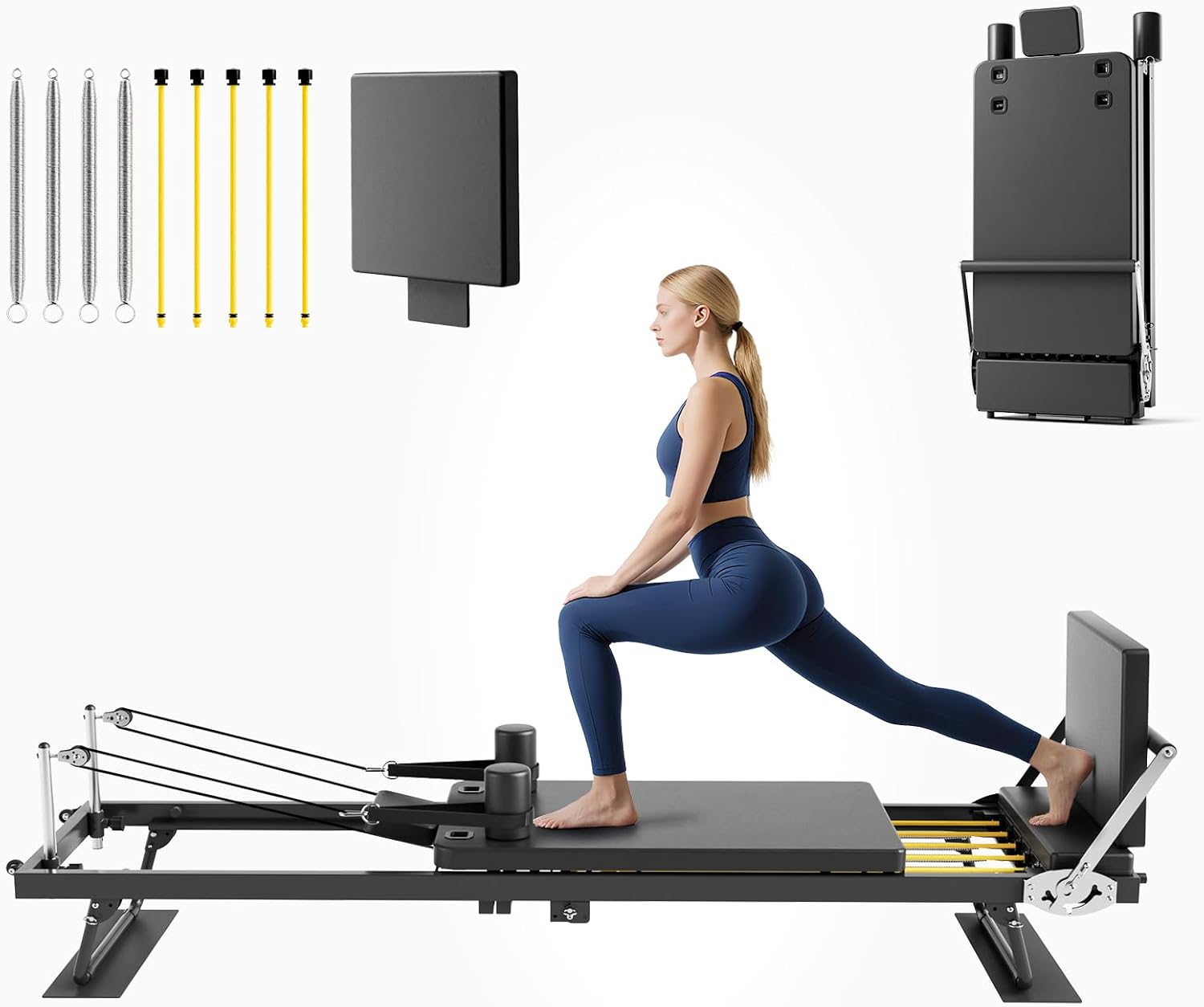 Leg Home Gym Workout - 折りたたみ式ピラティスリフォーマーマシン、ホームジム用全身フィットネスワークアウト機器、ジャンプボード付きデュアルレジスタンスシステムプラットフォーム、モダンミニマリストスタイル、ブラック仕上げ、1セット
